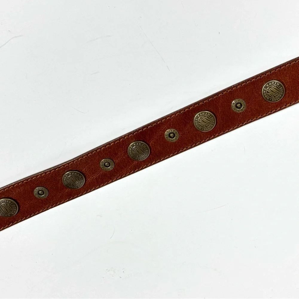 DKNY Leather Riveted Logo Belt Brown Brass‎ Vintage Size Small